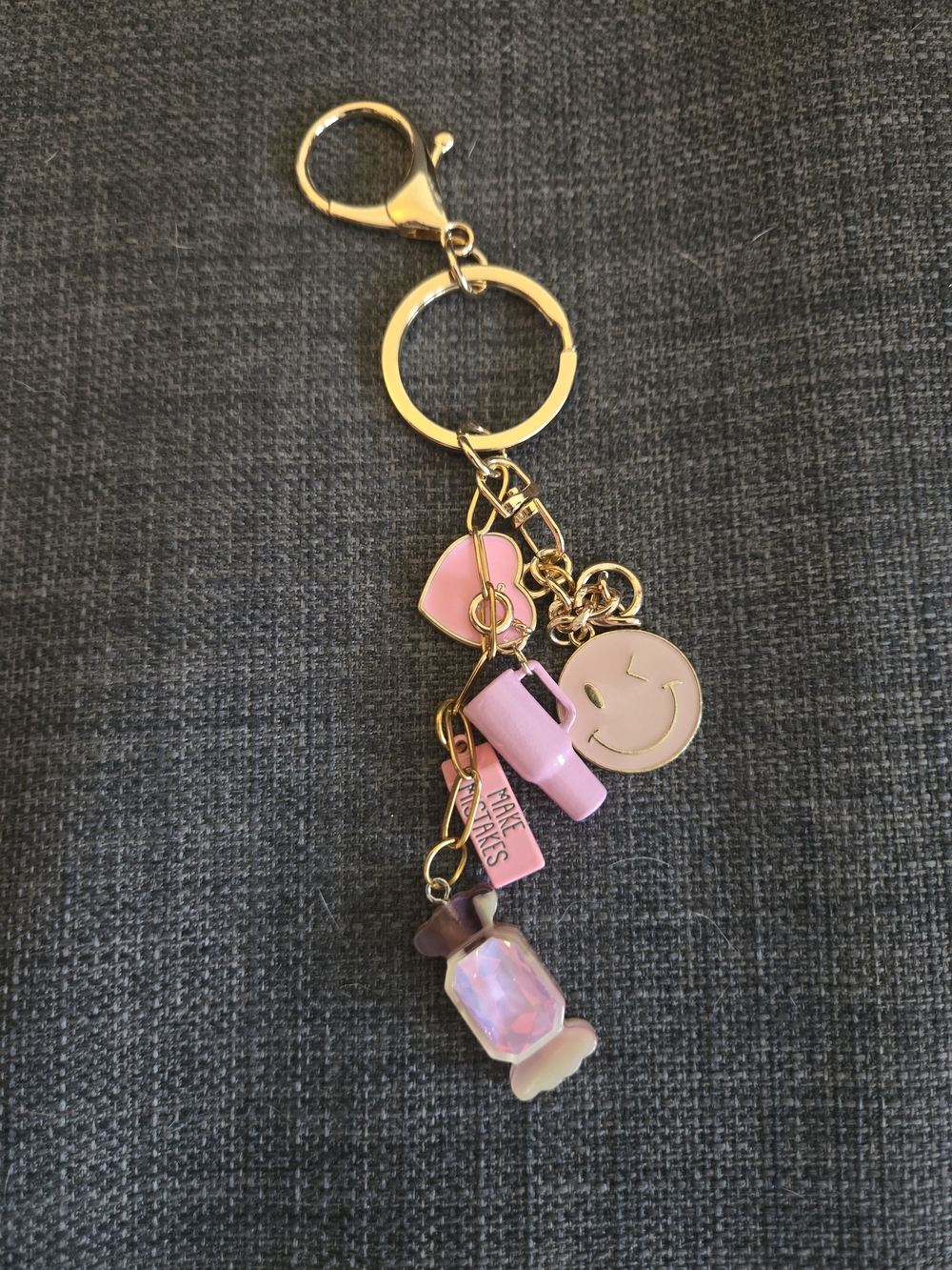 Gold-Tone Pink Charm Keychain Bagcharm with Smiley & Candy Charms